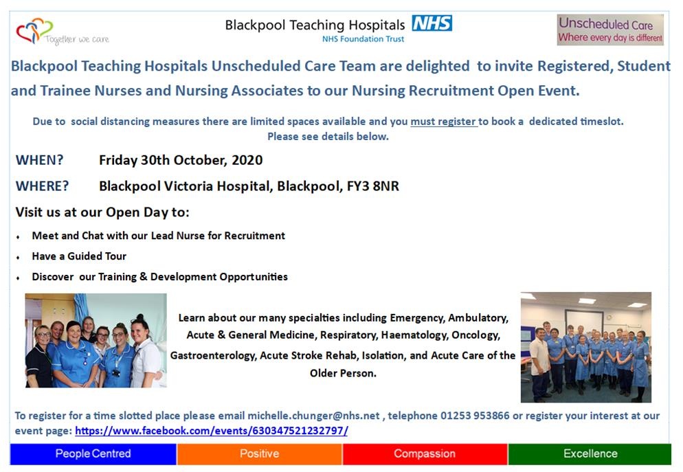 Save the date!

Our Unscheduled Care Team are delighted to invite Registered, Student and Trainee Nurses and Nursing on 30th October, 2020 at Blackpool Victoria Hospital

There are  limited spaces available and you must register to book a dedicated time slot. Details in the flyer