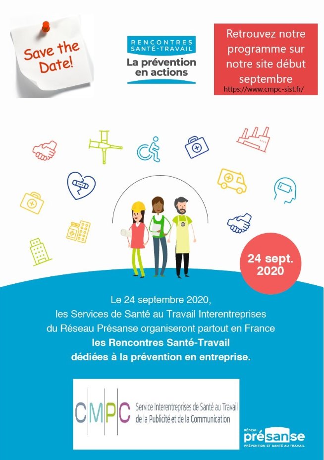 Votre service de #santeautravail le <a href="/CMPC_SIST/">CMPC Centre Médical Publicité et Communication</a> participera aux rencontres santé travail à l'initiative de <a href="/presanse/">Presanse</a> le 24 septembre. Retenez dès à présent cette date et retrouvez notre programme sur notre site à la rentrée.
bit.ly/2CtKvhe
#prevention #RST2020
