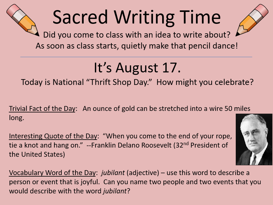 WritingFix's tweet image. This Monday, our FREE PREVIEW of Sacred Writing Time slides begins.  Be sure to download your set today to see if your student writers respond to them as they return and write again: teacherspayteachers.com/Product/For-Wr…  #Alwayswrite #SacredWritingTime #writersnotebooks