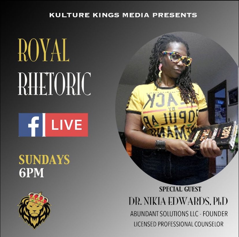 royalrhetoric's tweet photo. Join us this Sunday as we discuss self care and mental health awareness with Dr Nikia Edwards, of Abundant Solutions LLC!  #RoyalRhetoric #KultureKings #SelfCareIsTheBestCare #MentalHealthMatters https://t.co/vNTslWRejF