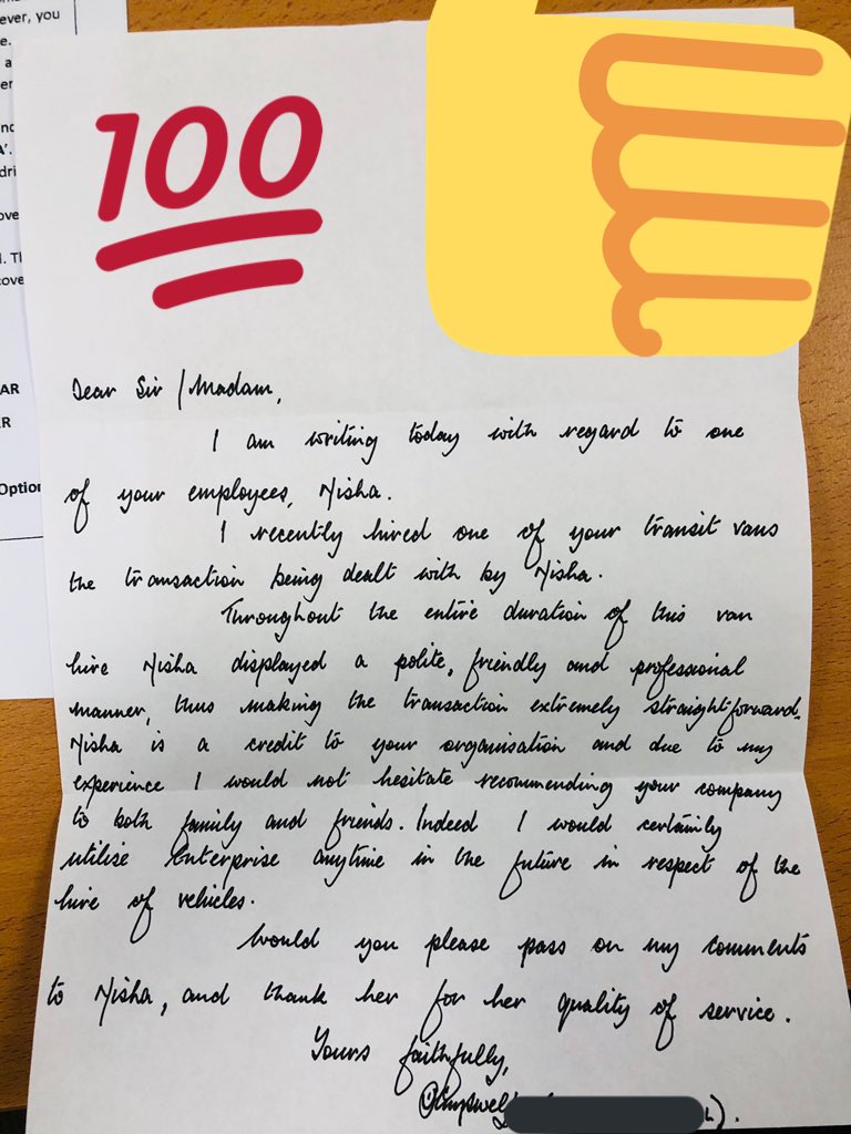 Things you love to see on a fine Thursday in Byker. A hand written letter from one of our customers praising <a href="/_meishaford/">Meisha</a> excellent customer skills. <a href="/SakGill1/">Sak Gill</a> <a href="/steve_walder/">Steven Walder</a> <a href="/U8Murrell/">Steve Murrell</a> #WeGoAgain #EsqiEmployeeOfTheWeek 💯 🔥