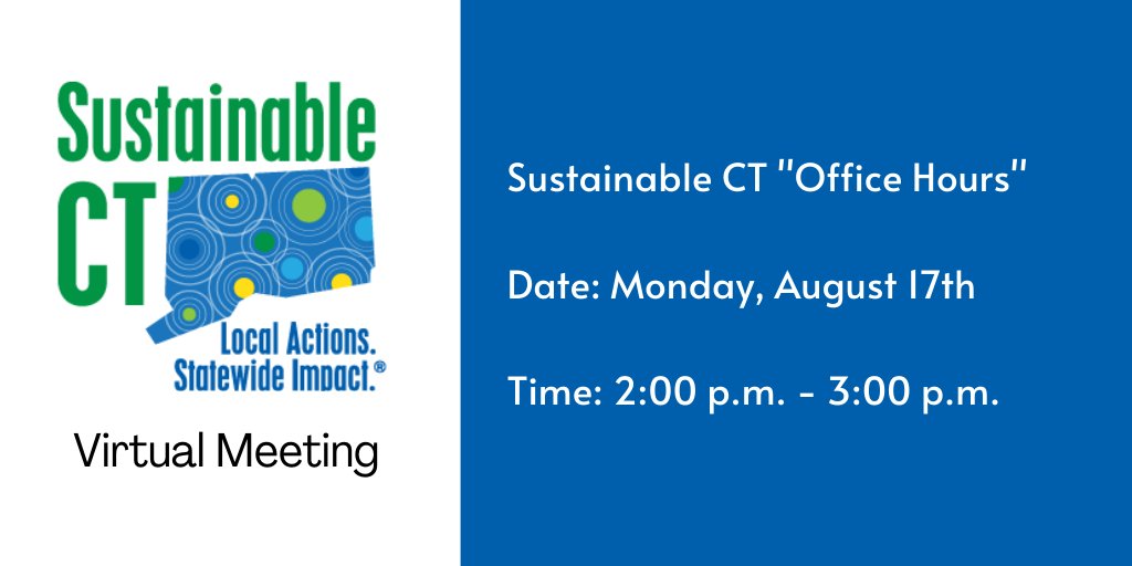 SustainableCT's tweet image. There's still time left to register for our FINAL Office Hours of the summer!

Join us with specific questions regarding your community's application. Our fall deadline is fast approaching!

Register at: bit.ly/2PEphjz