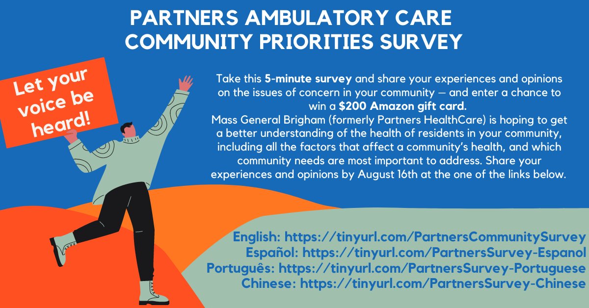 L.W. (@lisaswolff) on Twitter photo Do you live or work near #Framingham, #Woburn, or #HydePark MA? Take this short survey from <a href="/MassGenBrigham/">Mass General Brigham</a> (Partners Healthcare), share your thoughts on community priorities, & enter to win a $200 Amazon gift card! @HRiAction
tinyurl.com/PartnersCommun… Do you live or work near #Framingham, #Woburn, or #HydePark MA? Take this short survey from <a href="/MassGenBrigham/">Mass General Brigham</a> (Partners Healthcare), share your thoughts on community priorities, & enter to win a $200 Amazon gift card! @HRiAction
tinyurl.com/PartnersCommun…