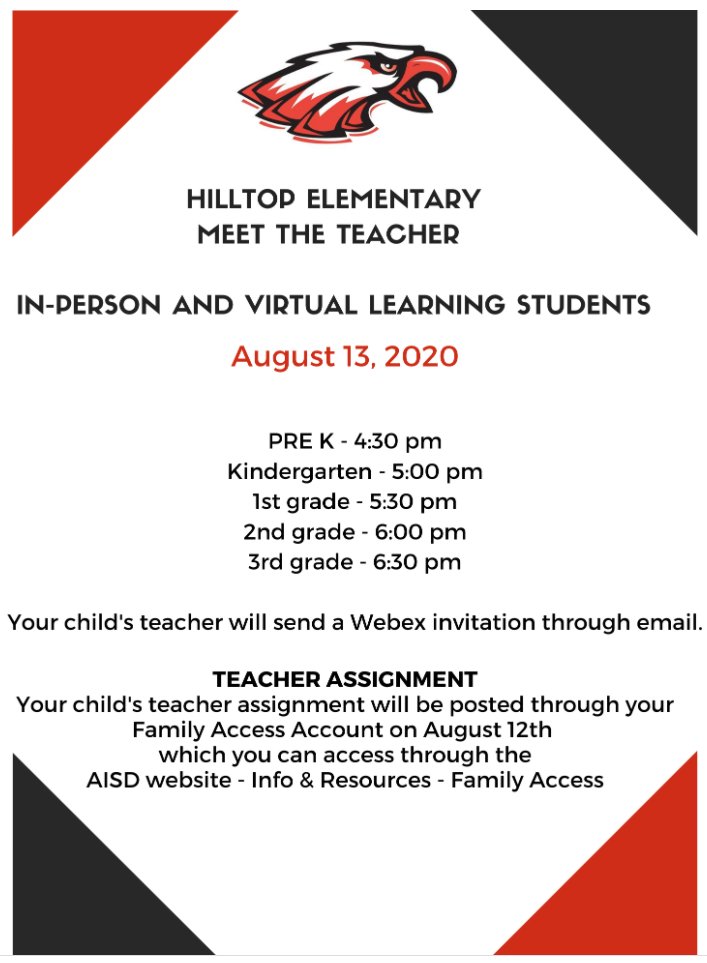ArgyleISD's tweet image. Back-To-School Update: Meet The Teacher!

We&apos;re getting close to the first day Eagles! To get our students and parents ready, Hilltop Elementary and Argyle West Elementary are hosting their Meet The Teacher events today - virtually!🦅 💻

#TogetherWeAreArgyle #ReturnToLearning