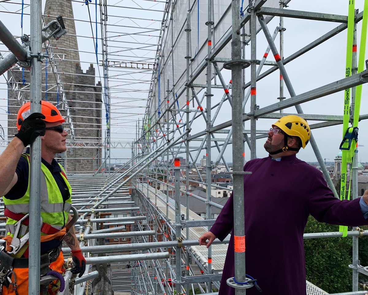 DHRComms's tweet photo. Searching for the perfect shot, photographer @SparkyScoops and DHR Account Manager @stphnmlny take to the scaffolding above the roof of St Patrick’s Cathedral for today’s National Heritage Week photocall. Thanks to @stpatrickscath and Clancy Construction for facilitating. 📸 https://t.co/TAt3LtdQuK