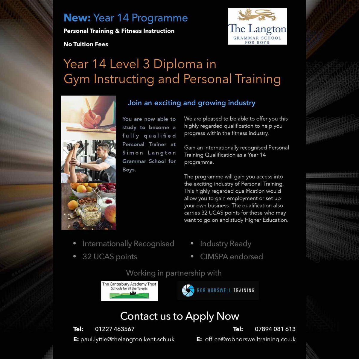 Working in partnership with ⁦<a href="/CantAcadTrust/">The Canterbury Academy Trust</a>⁩ and ⁦<a href="/R_H_Training/">RobHorswellTraining</a>⁩ we are pleased to be able to offer a Year 14 Personal Training and Fitness Instructor Course at Langton Boys’ starting in Sept 2020.  We will be running a webinar with more information next week. 💪