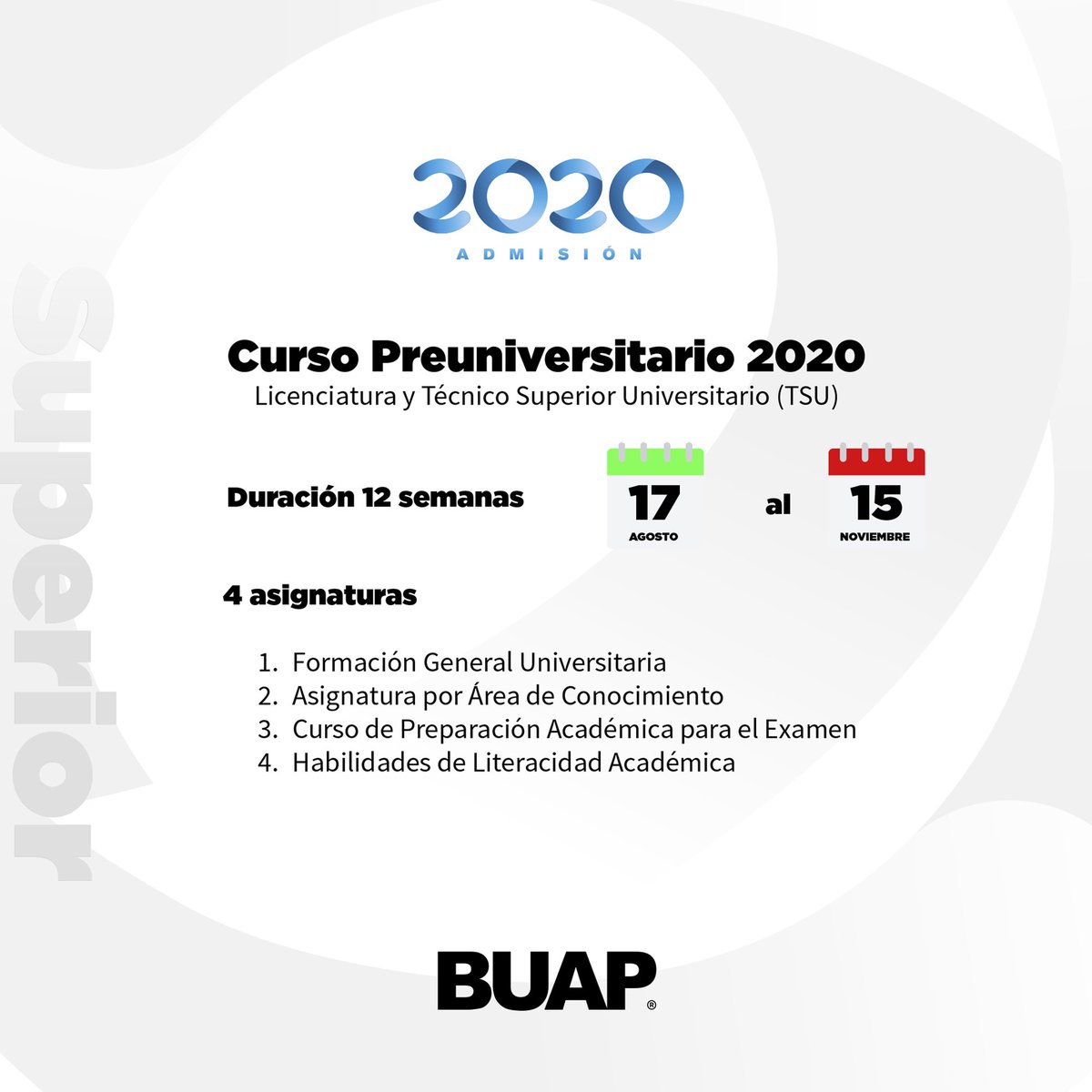 BUAPoficial's tweet image. El Curso Preuniversitario es obligatorio y no sustituye al examen de #AdmisiónBUAP2020
Ingresa a autoservicios.buap.mx con el ID y NIP que creaste para tu registro y no lo compartas con nadie.
Si tienes dudas, escribe al Fb de Admisión Licenciaturas BUAP
buff.ly/33UOONJ