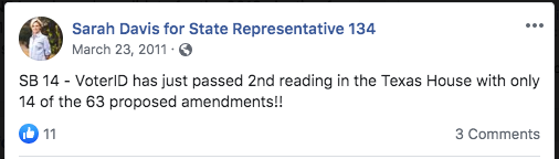 Hd134V's tweet photo. Here's Sarah Davis crowing about passing a voter suppression law recognizing a concealed handgun license as valid ID but not a student ID w/photo. How can we trust this person to redistrict our maps fairly? We can't. @VoteAnnJohnson for #HD134. Check out https://t.co/dEU0NZgbdN. https://t.co/5iv3d3yVEp