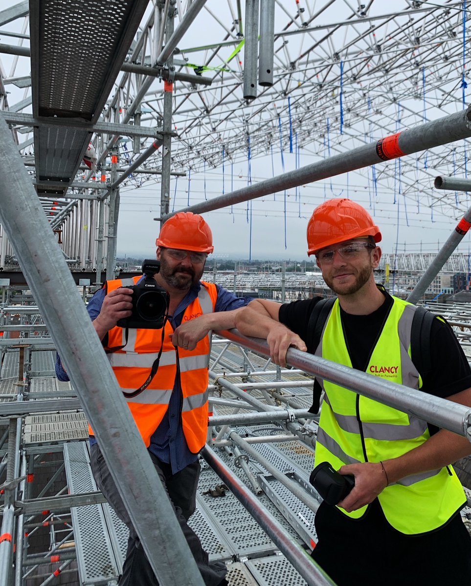 DHRComms's tweet photo. Searching for the perfect shot, photographer @SparkyScoops and DHR Account Manager @stphnmlny take to the scaffolding above the roof of St Patrick’s Cathedral for today’s National Heritage Week photocall. Thanks to @stpatrickscath and Clancy Construction for facilitating. 📸 https://t.co/TAt3LtdQuK