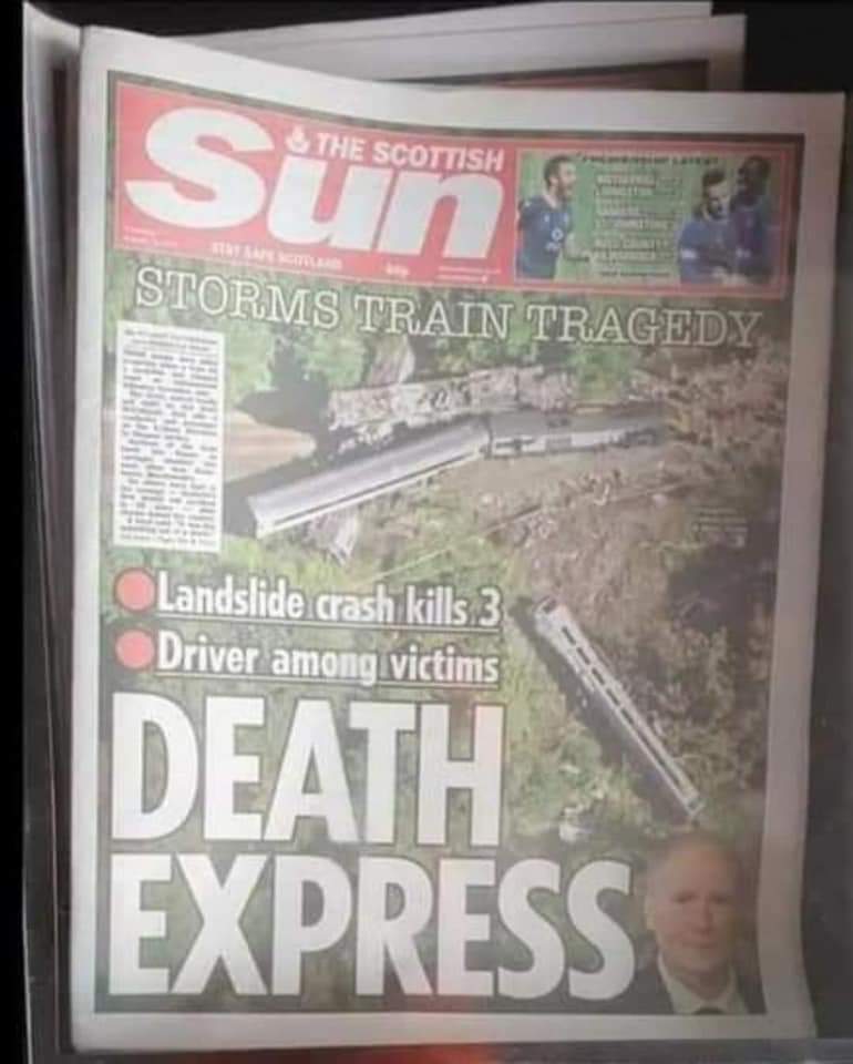muchtydave's tweet photo. Disgusting front page form @TheSun Familes and Friendships have been torn apart after the disaster and you think its acceptable to have a joke about it! What if the people who died or injured were your friends and family? Our #railwayfamily will not stand for this!
#dontbuythesun https://t.co/GstLymWU4g