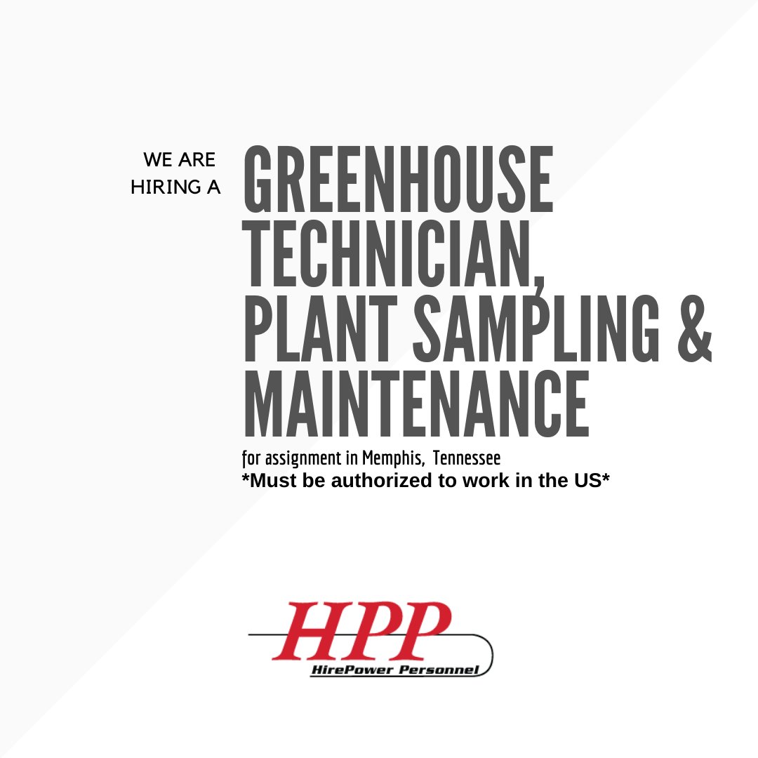 HPPStaffing's tweet image. We are hiring a Greenhouse Technician, Plant Sampling &amp;amp; Maintenance for assignment in Memphis, #Tennessee to apply and for more information please visit the following link: portal.dynamicsats.com/JobListing/Det… #GreenhouseTechnician #PlantSampling #plantMaintenance #Memphis #tennesseejobs
