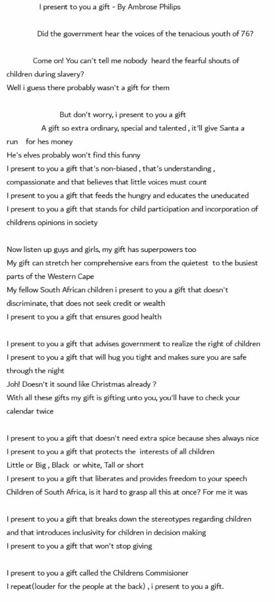 NomdoChristina's tweet image. Ambrose Philips shares a poem of ‘a gift’ that provides the platform for children’s voices to express their interests and needs. #OutSpokenTeens #ChildrensCommissionerWC