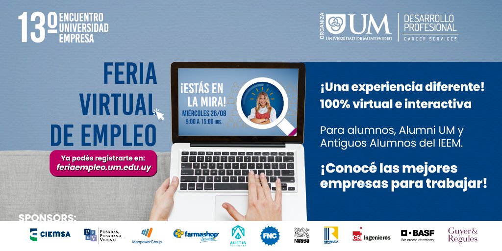 La feria virtual de empleo UM busca conectar a nuestros alumnos, Alumni y Antiguos Alumnos del IEEM con las mejores empresas para trabajar. 

¡Registrate ahora y agendá la feria!
👇
feriaempleo.um.edu.uy
🗓️26/8
De 9 a 15 hrs