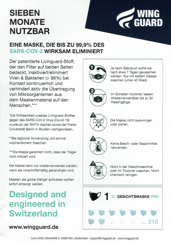 rootsmessenger's tweet photo. @nurmal_so Ich hab meine gerade bekommen. Sie passt sich perfekt den Gesichtskonturen an und hat einen Nasenbügel für den Halt. Die Bändchen sind verstellbar, die dafür eingesetzten Bauteile evt. etwas groß. Hier der Beipackzettel von der #Wingguard Maske... designed in 🇨🇭, fabricated in 🇵🇹 https://t.co/oeW6yKzRYK