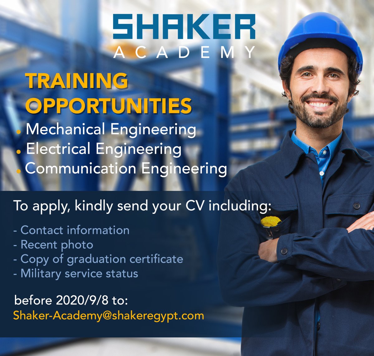 GroupShaker's tweet photo. Shaker Consultancy Group Academy is offering training course for Mechanical, Electrical, and Communication Engineering graduates. To apply, kindly send your CV before 8/9/2020 to:
Shaker-Academy@shakeregypt.com
Join us now! For more info, visit the link:
https://t.co/jJcmGUPFoj https://t.co/Pt8Ej4lKDV