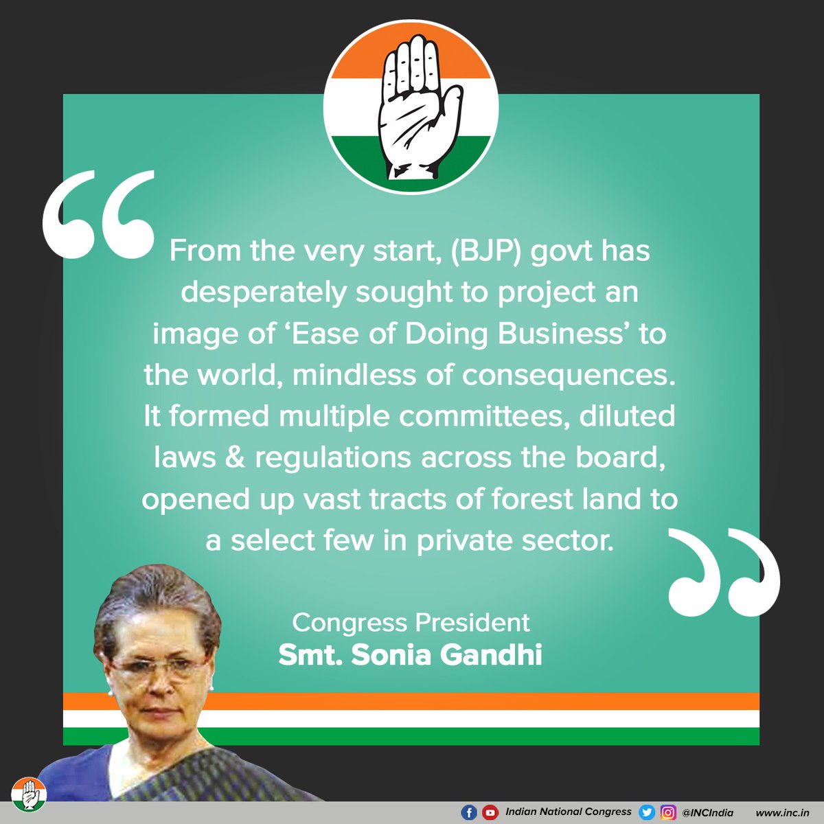INCIndia's tweet photo. 'Ease of Doing Business' does not mean diluting laws that have been made to protect the environment. BJP needs to adopt the philosophy of sustainable development because India's resources are not for sale. https://t.co/zn4cXdZGTI