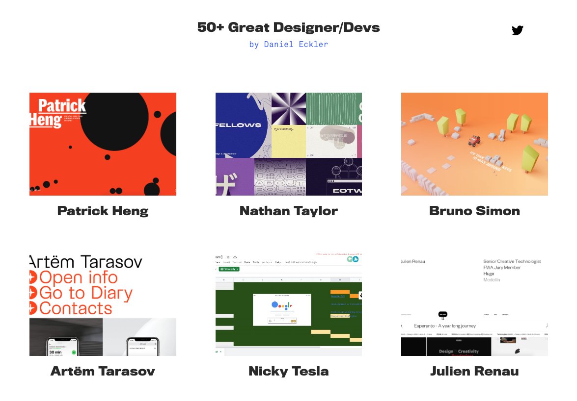 daniel_eckler's tweet photo. 50+ Great Designer/Devs  (https://t.co/fnej4uoQ77) ft. @AriBenoist @bruno_simon @rafaelderolez @julien_rno @Pat_Hg @simonlgoetz @ykob0123 @dApp_boi @MathisBiabiany @mikemcchillin @niccolomiranda @pfletcherhill @futurefabric @ian_dot_exe @baptistebriel @aistrope @hailpixel https://t.co/YR5uYqiAuK
