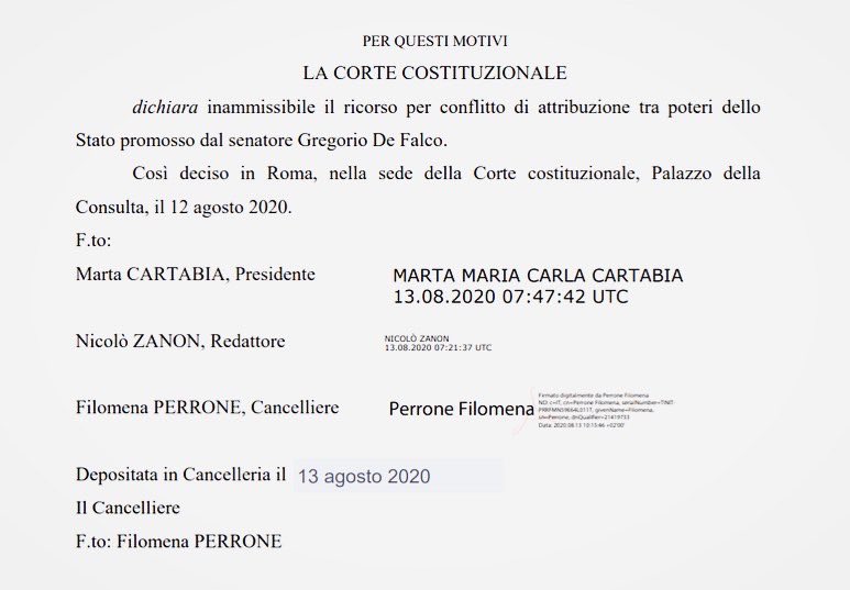 CorteCost's tweet photo. La “Corte #paperless”:
per la prima volta nella sua storia una pronuncia viene depositata con la firma digitale del giudice.

Si tratta dell’ordinanza 197/2020 del 12 agosto, con le firme digitali del giudice redattore Zanon, della presidente Cartabia e della cancelliera Perrone. https://t.co/NTdV8KtYVU