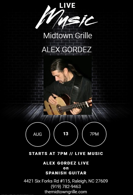 Alex Gordez Live, on Spanish Guitar Tonight! at Midtown Grille from 7pm-10pm. Come out! #alexgordezlive #thursdaynights #midtowngrille #raleigh #northraleigh #livemusic #spanishguitar <a href="/MidtownGrille/">Midtown Grille</a> <a href="/midtownmagazine/">Midtown Magazine</a> <a href="/TriangleAT/">Triangle Productions (TriangleAT)</a> <a href="/raleighfoodwine/">Raleigh Food & Wine</a>