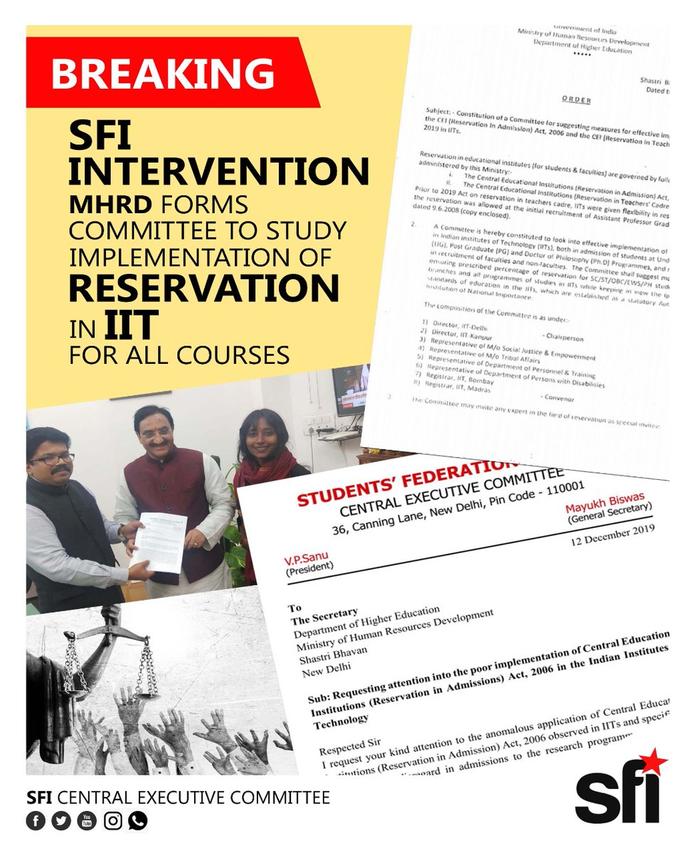 SFI_CEC's tweet photo. We are glad to announce @HRDMinistry  has formed a committee to look into the lack of reservation implementation in Central Educational (CEI) Reservation in Admission Act,2006 across IITs. SFI met @DrRPNishank and submitted a detailed report on this, on Dec 12, 2019. https://t.co/DjJMgzHJbz
