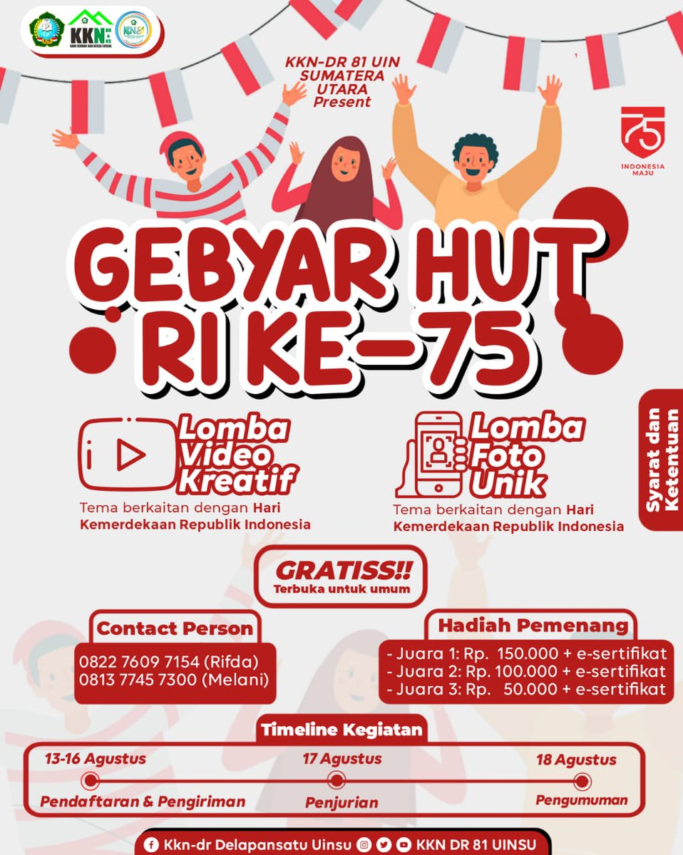 kkndr81's tweet photo. Hallo gaisss!🙌
Nahh, kita punya kabar gembira loo.
Kelompok KKN-DR 81, mengadakan gebyar hut ri ke-75!!
Nah buat temen-temen bisa langsung cek flyer kita yaaa🤗🙏 https://t.co/ppZLcwPZ0O