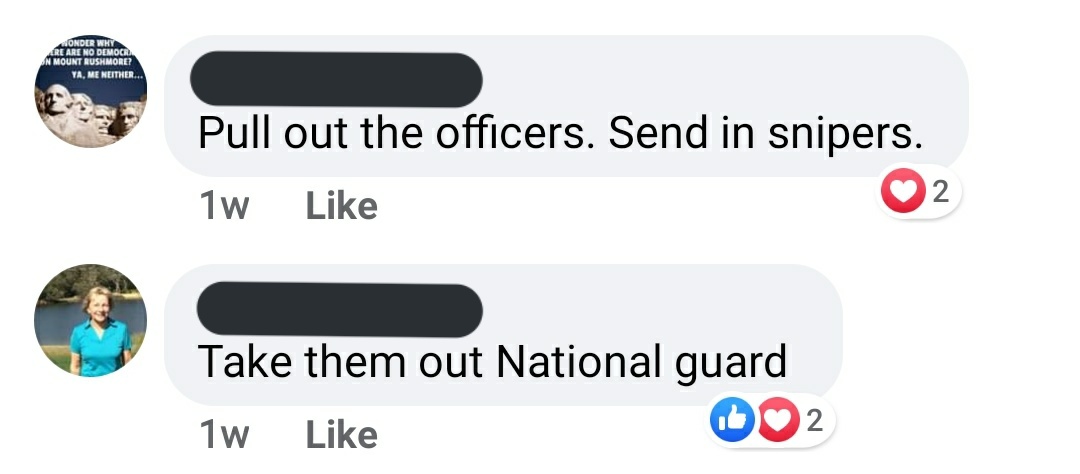 I know these look like repeated screenshots, but I promise it's separate incidents of people calling for shooting and hosing down protesters.