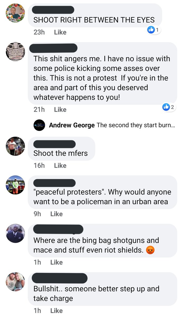 I know these look like repeated screenshots, but I promise it's separate incidents of people calling for shooting and hosing down protesters.