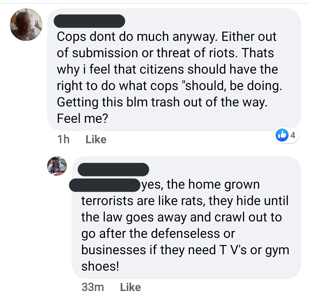 I know these look like repeated screenshots, but I promise it's separate incidents of people calling for shooting and hosing down protesters.