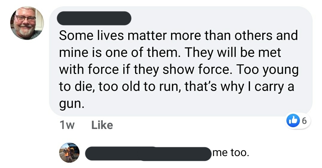 I know these look like repeated screenshots, but I promise it's separate incidents of people calling for shooting and hosing down protesters.