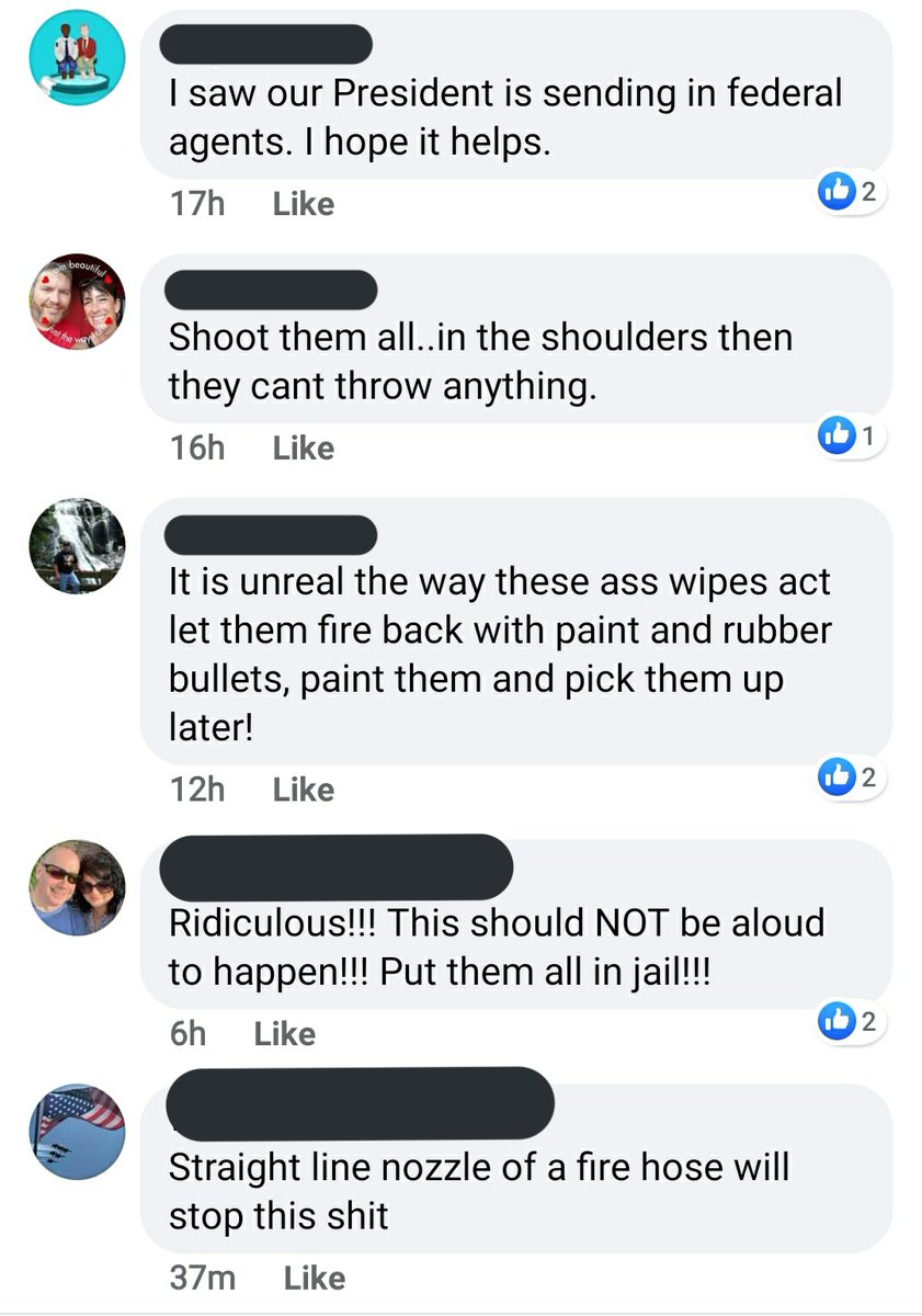 I know these look like repeated screenshots, but I promise it's separate incidents of people calling for shooting and hosing down protesters.