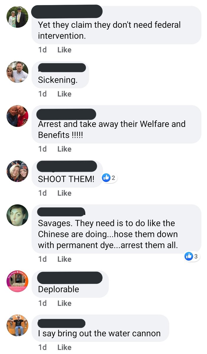 I know these look like repeated screenshots, but I promise it's separate incidents of people calling for shooting and hosing down protesters.