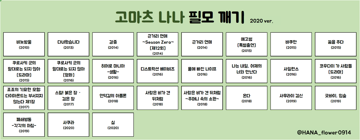 HANA_flower0914's tweet photo. 언니들 필모 빙고가 없길래 한번 만들어봤어요! 개허접이지만 써주신다면 감사하겠습니다! 혹시 잘못된 점 있다면 이야기해 주세요☺️ https://t.co/nW9Ip23xhV