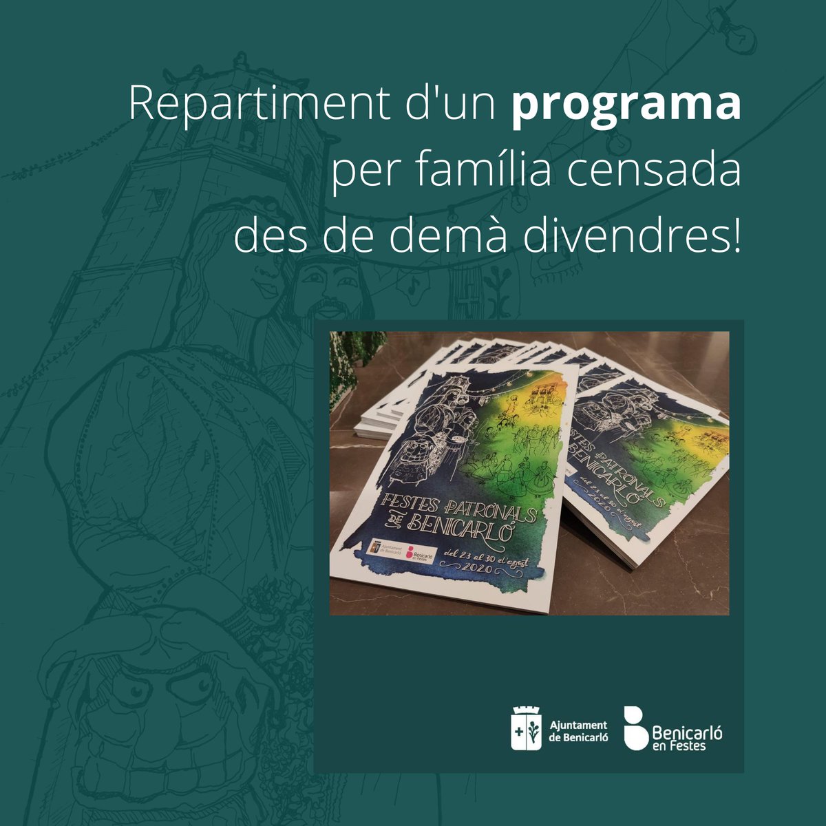 FestesBenicarlo's tweet photo. 📆 DEMÀ DIVENDRES 14 es començarà a repartir el programa de les #FestesPatronals2020! 📖 Es podrà recollir al Mucbe o a la Tourist Info un exemplar físic per família censada, mentre que a partir de dimarts se'n repartiran a tots els visitants i resta de veïns. Consulteu horaris! https://t.co/qOkf33SIce