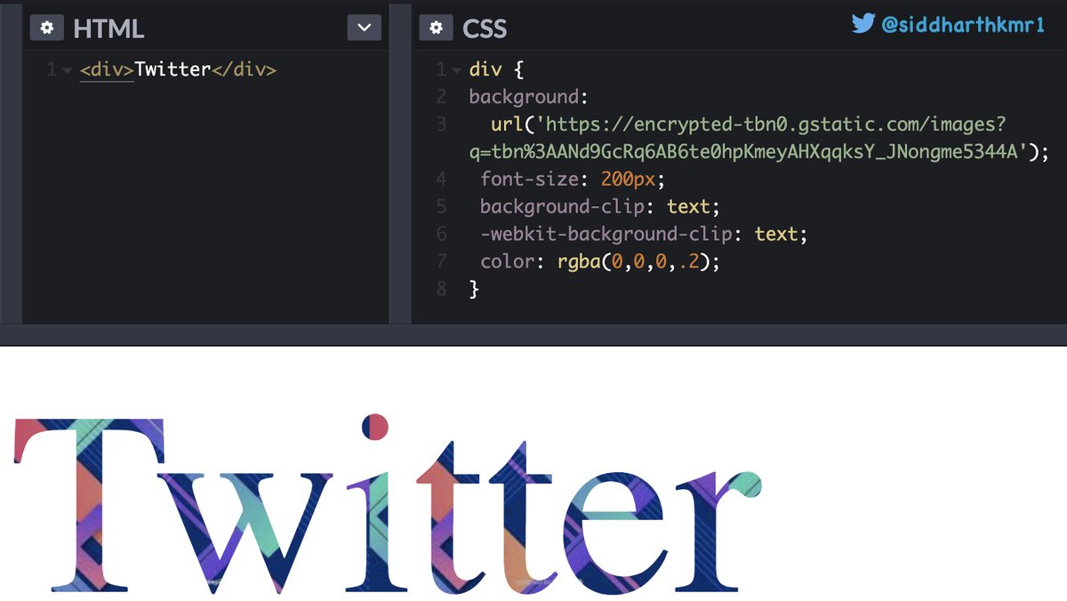 siddharthkmr1's tweet image. #css tip
🧙♂️ Set an image as a background of just text using background-clip property
#100DaysOfCode #javascript #html