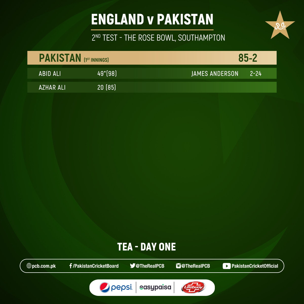 Tea Break ☕ Pakistan: 85-2 (33.5 Ov) #ENGvPAK Scorecard ➡️ ow.ly/Mvko50AYnGj