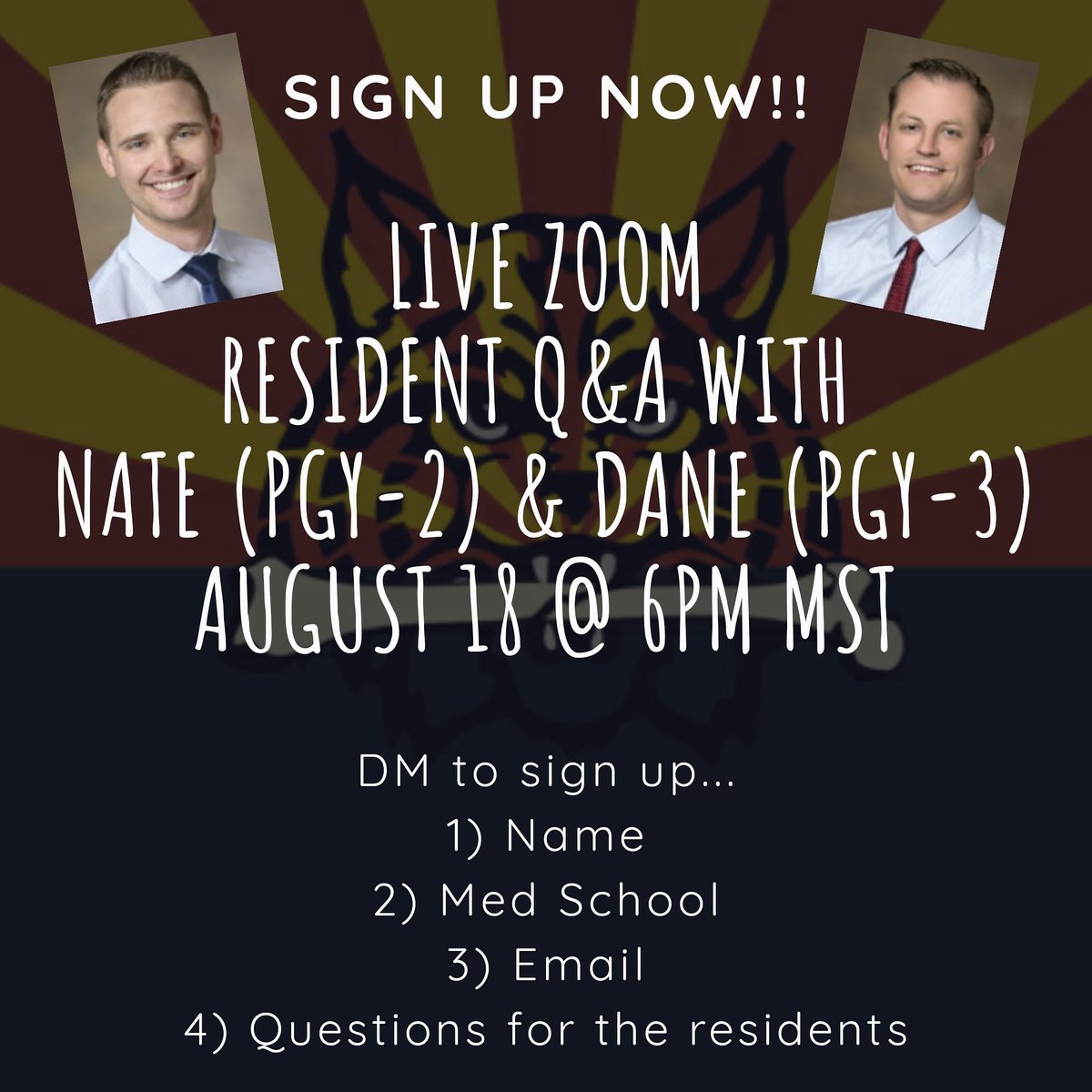 Join us for another Zoom Q&A with our residents on August 18th @ 6pm MST! DM your info to receive Zoom invite. Submit questions you would like answered...nothing is off limits...residency, living in Tucson, hobbies/interest, family life, etc. 
#orthomatch2021 #orthoresidency