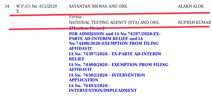 advocate_alakh's tweet photo. #Update

-Our #NEET #JEE Petition is listed on 17th August, 2020 (Monday) before a 3-Judge Bench of Supreme Court as Item No.14

-NTA already filed its Vakalatnama in our Case

-Two intervention applications also filed

-We will get Justice in SC for our young NEET JEE aspirants https://t.co/Lo0WYNvy7u