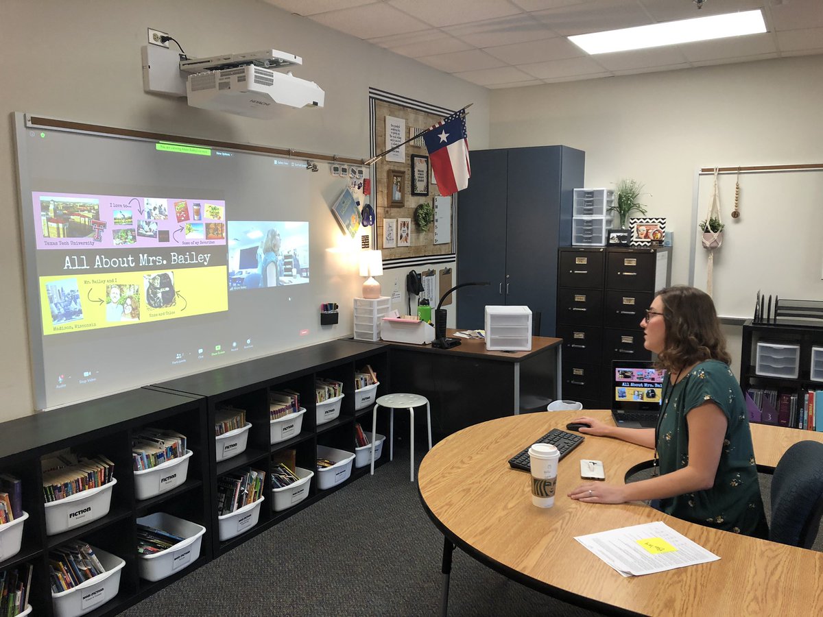 Check out this innovative teacher!  She’s logged into Zoom on two different computers so that she can share her screen and still see her students’ sweet faces! Projecting it onto the whiteboard makes it even better! <a href="/SonntagElem/">Sonntag Elementary</a> <a href="/S3rdgrade/">Sonntag_3rdgrade</a> #StongerTogether #FISDFirstDay