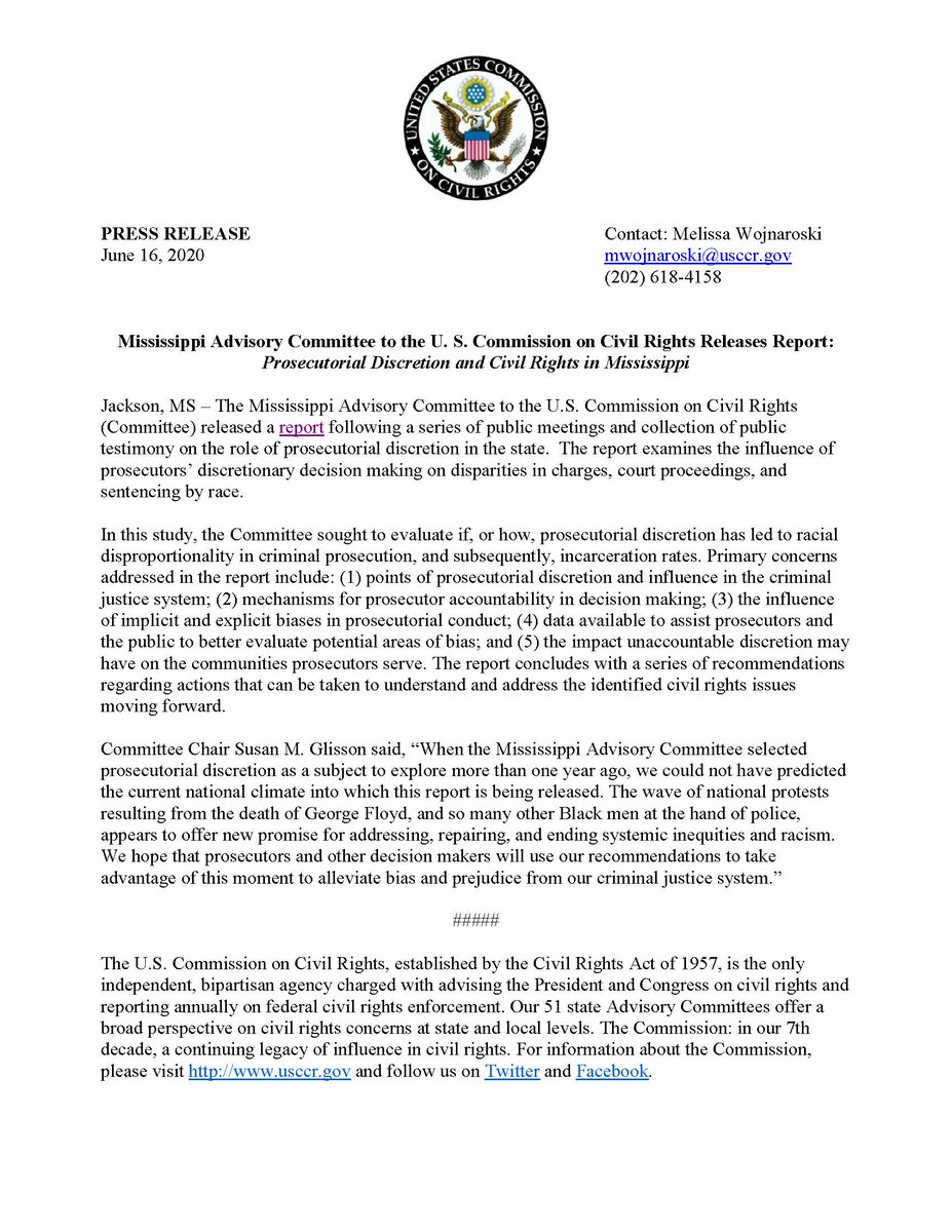 USCCRgov's tweet photo. USCCR State Advisory Committee Report Release
Mississippi Advisory Committee Issues Report on Prosecutorial Discretion
Report available here: https://t.co/HepoTgQVKB
#MSSAC #USCCRSAC https://t.co/lqt9hDSmGz