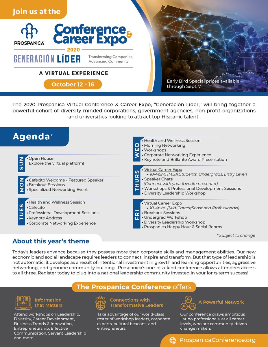 Prospanica's tweet photo. EARLY BIRD PRICING IS STILL AVAILABLE! Invest in your future, build community, connect with inspiring Latino leaders and expand your network of Hispanic business professionals at our VIRTUAL conference: Generacion Lider! See you in October! https://t.co/Qae3StHJhE
