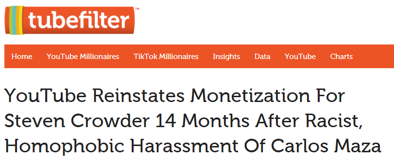 PNNTEAM's tweet photo. Steven Crowder responds to the news from yesterday, where TubeFilter reported a return to Crowder's monetization following an incident with Carlos Maza last year. This comes 82 days away from the US Presidential election and weeks after Trump's comments about Twitter censorship. https://t.co/iZ3EQo3F7M