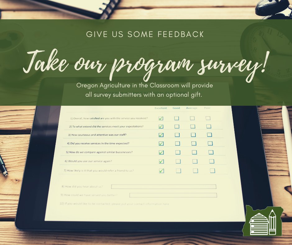 We want to hear from YOU and help you earn Oregon Agriculture in the Classroom SWAG!! 🎉🎉🎉Fill out this fast and simple survey to let us know how to better serve you this school year!
ow.ly/eo0p50AWN2W
