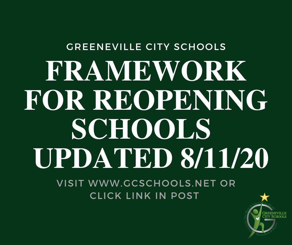 To reflect the continually evolving recommendations from the TN Dept of Health, updated guidance as found in the TSSAA/TMSAA COVID Related Regulations, and Gov. Lee’s Exec Order 55; GCS has amended the Framework on Aug 11.  ow.ly/np9150AYxEp.  

#bettertogether #devilstrong