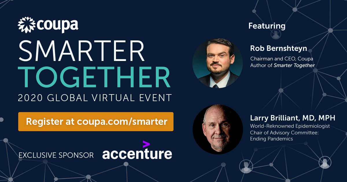 Please join us on September 10/11th for a discussion regarding communities and their impact on the future of business and society. buff.ly/2E1UDOo #smartertogether <a href="/larrybrilliant/">Larry Brilliant MD MPH FACPM 💛💙</a> @coupa