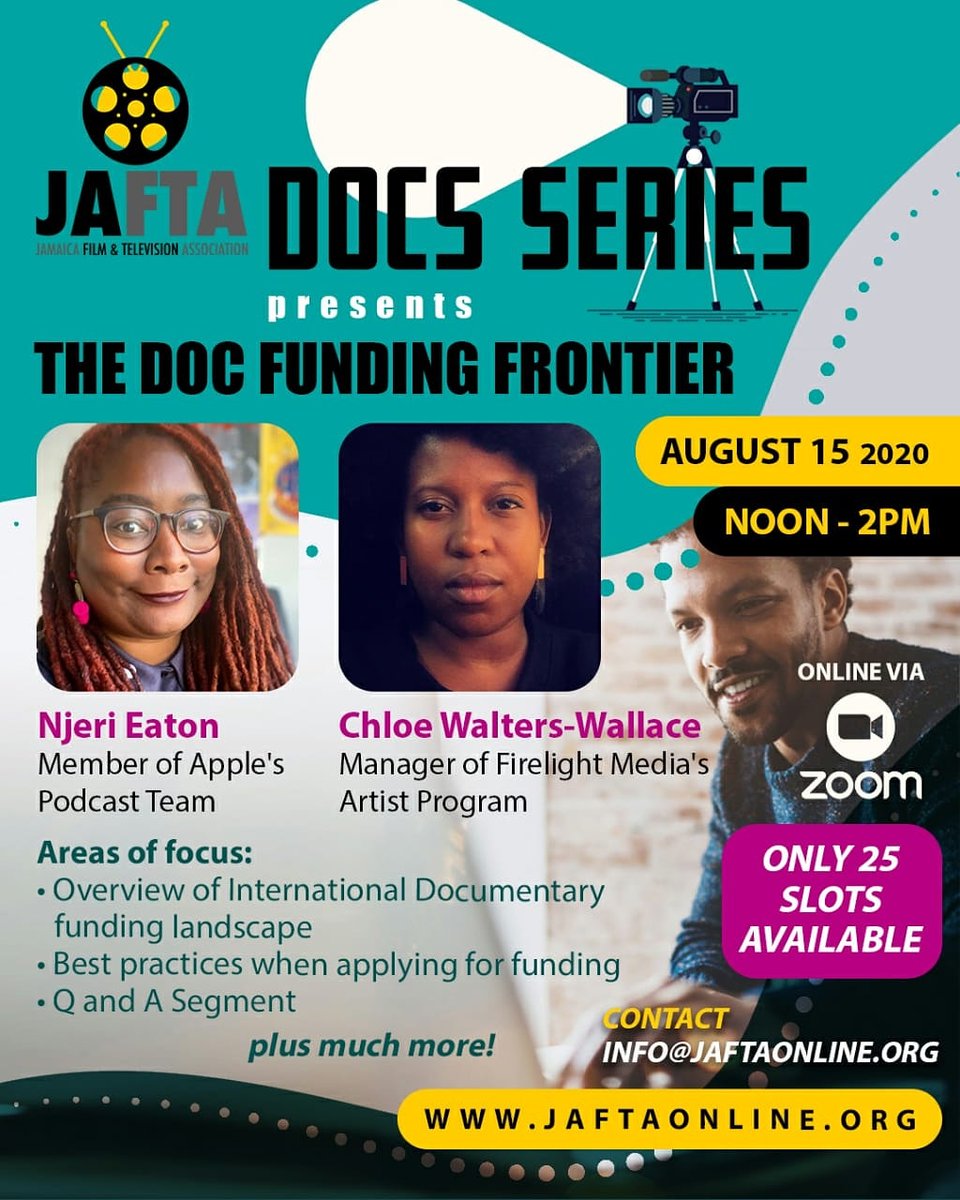 jaftaonline's tweet photo. Only 5 spaces left! Email info@jaftaonline.org to register for remaining spots for Saturday's Doc Funding Frontier webinar with Njeri Eaton and Chloe Walters-Wallace. #jaftaonline #setlifeja #jaftadocs #docfunding https://t.co/Tz6Q1D42sA