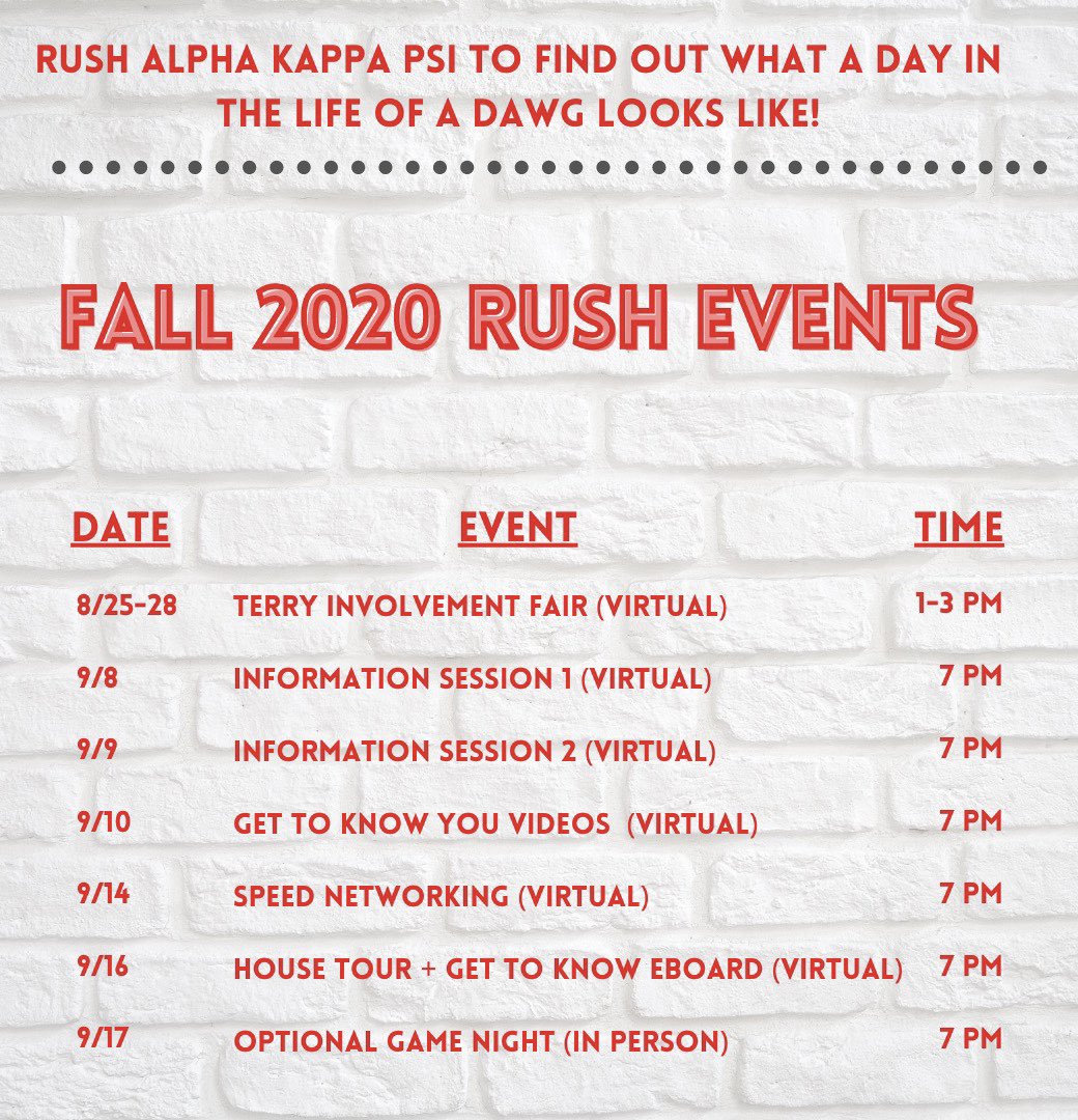 Akpsi_uga's tweet photo. Swipe to see dates and events for fall 2020 rush and sign up using the link in our bio!!

If you have any questions or concerns check out our recruitment FAQ page on our website https://t.co/DBuE0vq4DY or email us at vpm.akpsi.ae@gmail.com. https://t.co/yCygjmW9CN