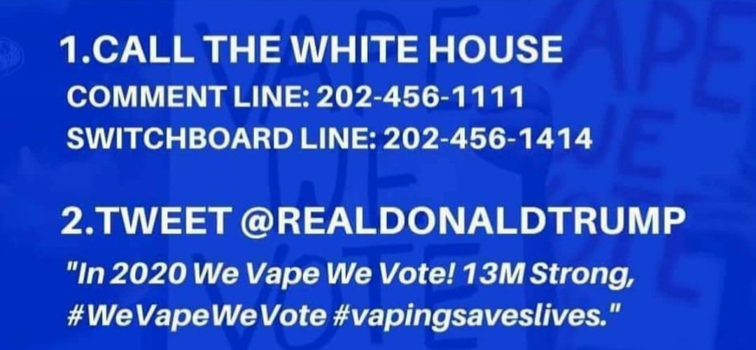 NJVRC's tweet photo. 🚨CALL CALL CALL, TWEET! TODAY IS THE DAY THE WHITE HOUSE NEEDS TO HEAR FOM YOU! #WEVAPEWEVOTE #13millionstrong #fightforyourrighttovape #vapingsaveslives https://t.co/PHz6DmQguk