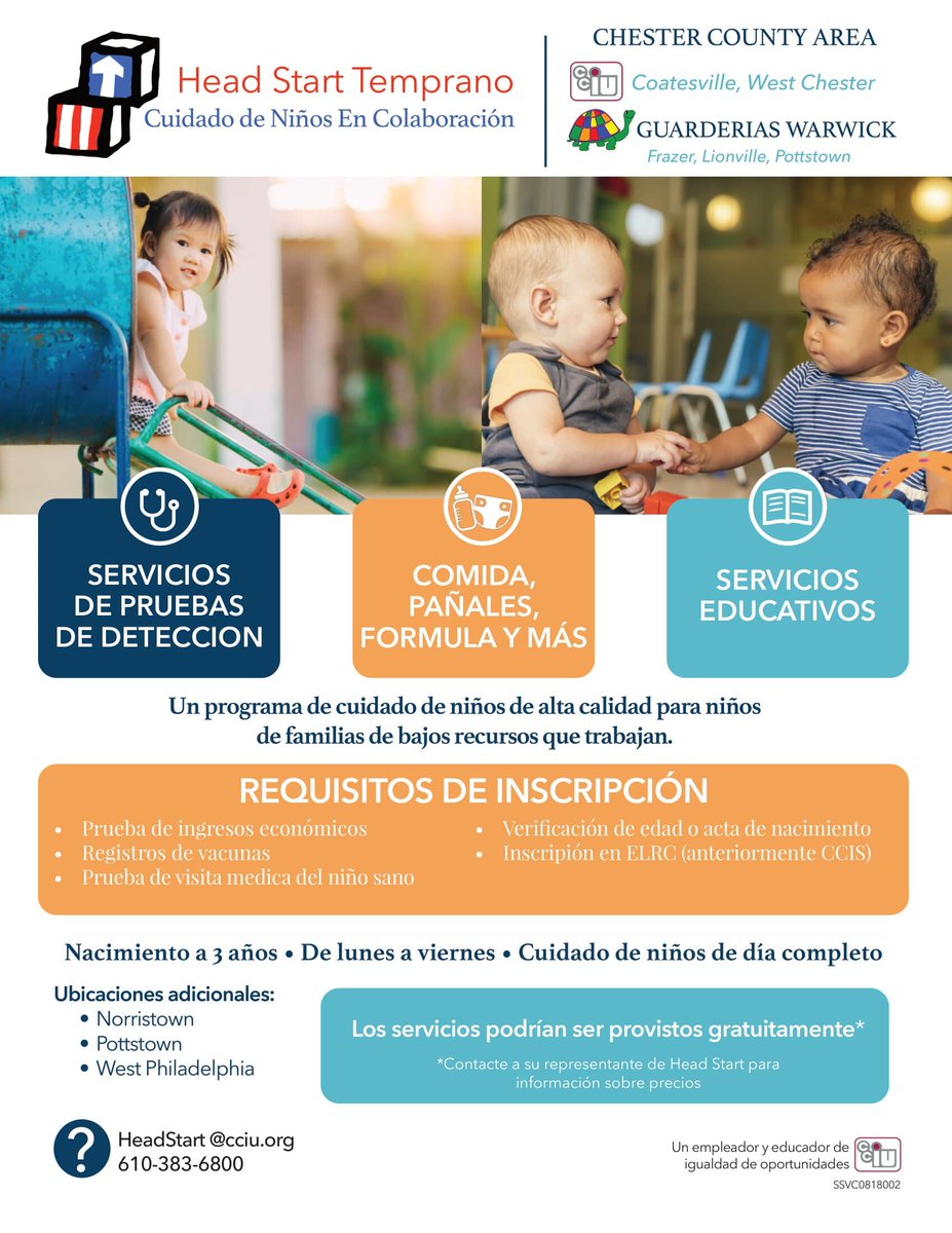 Early Head Start Child Care Partnership

Reach out TODAY for all the details:
HeadStart@cciu.org or 610-383-6800

#ccoic  #headstart  #childcarepartnership  #cciu