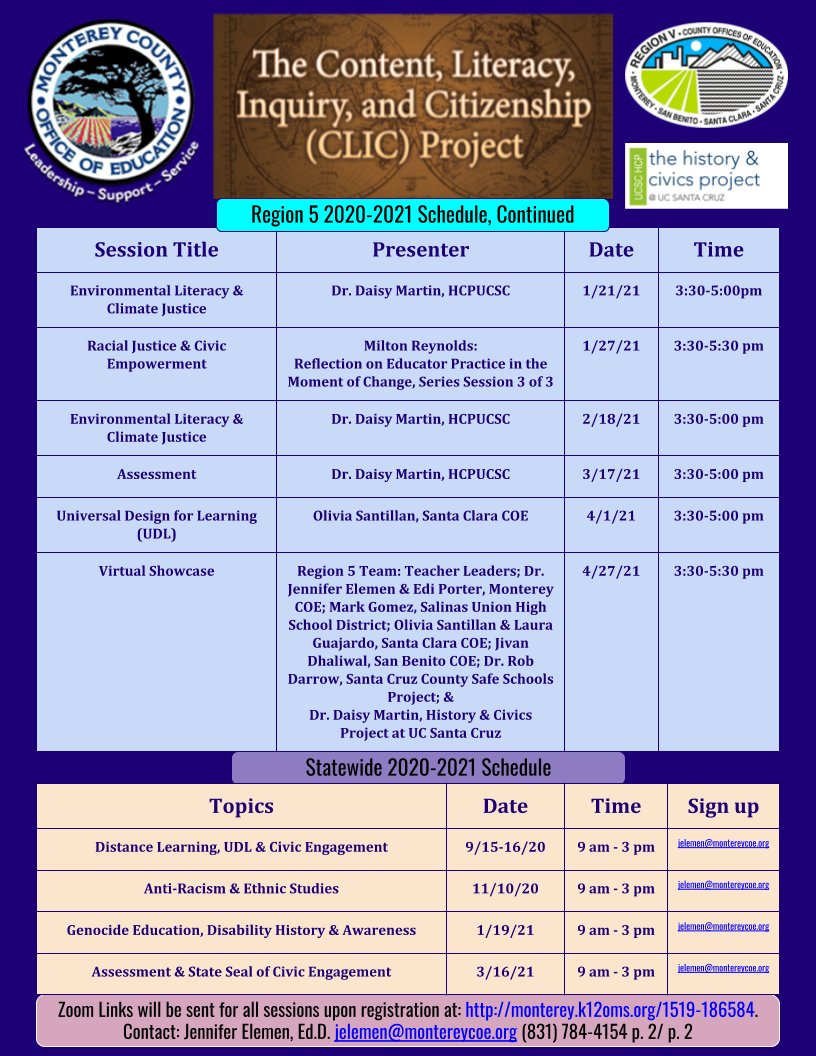 ❣️We need civic action informed by #hardhistory & #socialjustice. That's what we'll be making good trouble about this year in #Region5HSS #HSSCLIC.
Join us on 8/20 & 2020-2021: monterey.k12oms.org/1519-186584 @MCOE_Now @CivicSantaClara @SBCOE95023 @santacruzcoe @CSUMBserves @HCPUCSC1🗓️⬇️