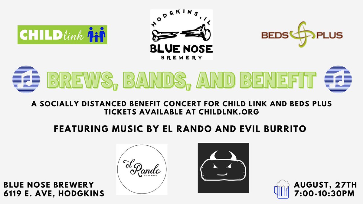 We are very excited to be a part of an upcoming fundraiser event at <a href="/BlueNoseBrewery/">Blue Nose Brewery</a> ! 

Brews, Bands, and Benefit: A socially distanced concert fundraiser featuring music from El Rando and <a href="/EvilBurritoBand/">Evil Burrito 😈🌯</a> 

Thursday, August 27th 7:00-10:30PM

Tickets at rb.gy/2imwcl